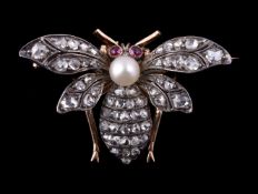 A late Victorian diamond, ruby and pearl bug brooch
