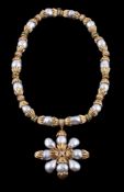 A South Sea cultured pearl, diamond and emerald necklace