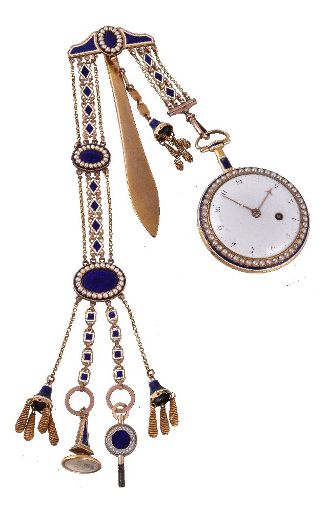 A gold, enamel and split pearl open face pocket watch
