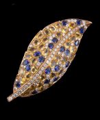 A diamond, sapphire and yellow sapphire leaf brooch by F. Moroni
