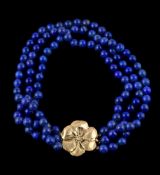 A three row lapis lazuli bead necklace