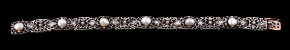 A mid 20th century pearl and diamond bracelet