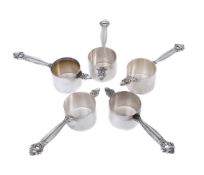 Georg Jensen, five Danish silver Acorn pattern jiggers or cocktail measures