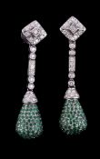 A pair of diamond and emerald ear pendants