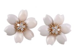 ϒ A pair of white coral and diamond Rose De Noel earrings by Van Cleef & Arpels