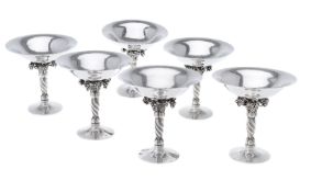 Georg Jensen, six Danish silver Grape pattern small pedestal bowls