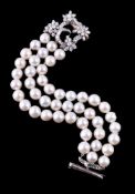 A cultured pearl and diamond bracelet