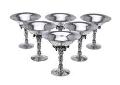 Georg Jensen, six Danish silver Grape pattern small pedestal bowls