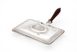 A George III silver rectangular cheese warming dish and cover by John Schofield