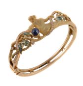 A gold, enamel, sapphire and diamond hinged bangle by Masriera y Carreras
