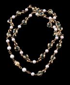 A cultured pearl, onyx and polished green stone Cardan necklace by Marina B