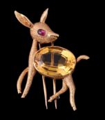 A citrine and ruby novelty deer brooch by Hermés