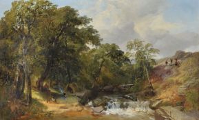 Henry Jutsum (British 1816-1869)Gypsy encampment by tree lined stream