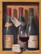 λ Raymond Campbell (British b. 1956)Still life of wine bottles and cheese