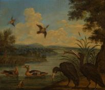 Follower of Marmaduke Cradock (British 1660-1716)Birds by a river; Peacock and other birds in a land