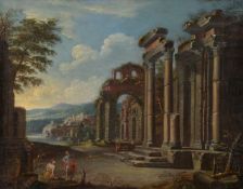 Wolfgang Magnus Gebhardt (German fl.1730-1750)Italianate landscape with figures amongst classical ru