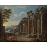 Wolfgang Magnus Gebhardt (German fl.1730-1750)Italianate landscape with figures amongst classical ru