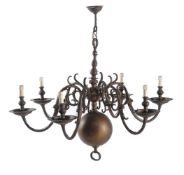 A substantial Dutch lacquered metal six light chandelier in early 18th century style