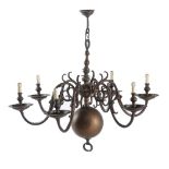 A substantial Dutch lacquered metal six light chandelier in early 18th century style