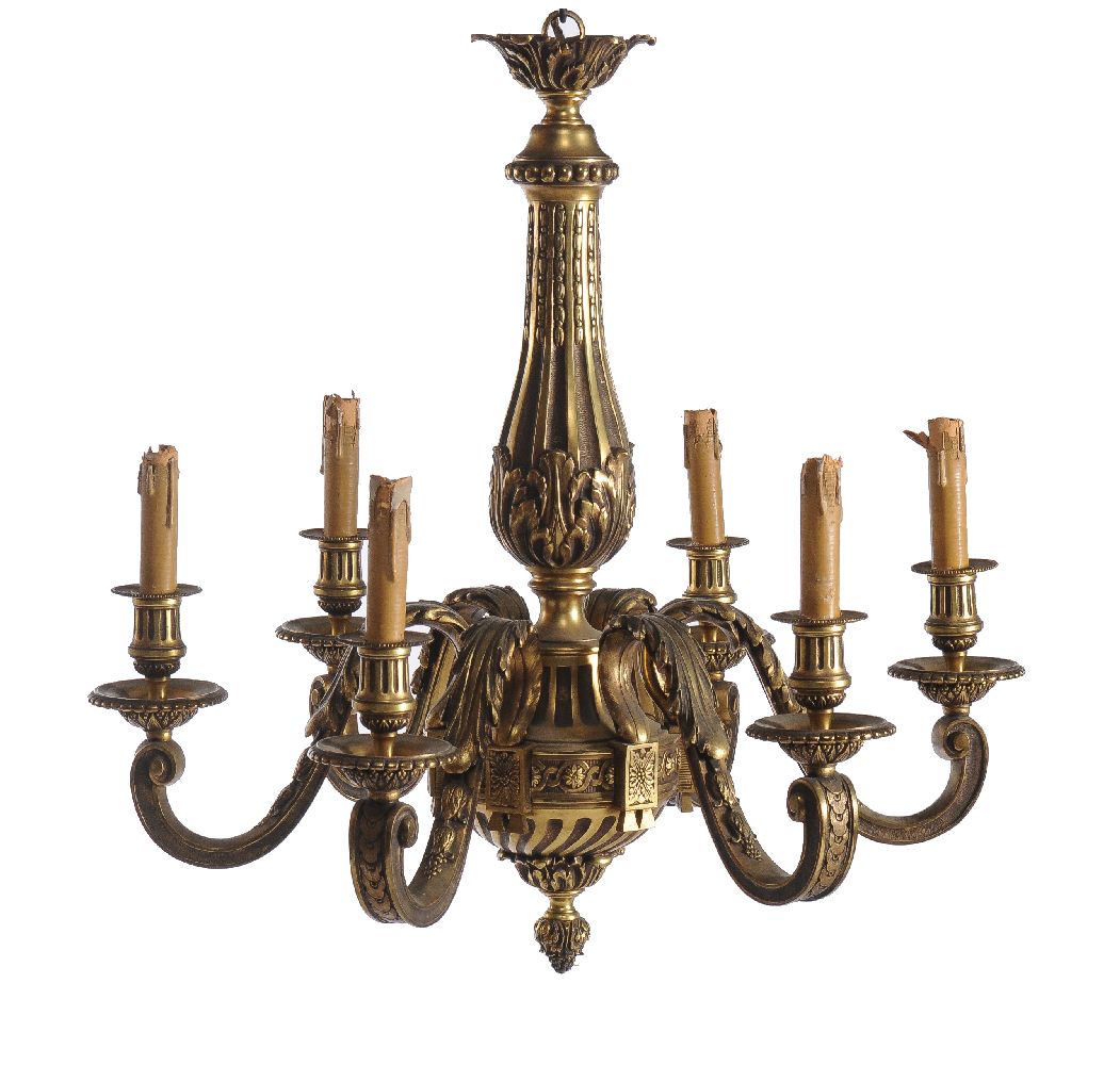 A French gilt bronze six light chandelier in Louis XVI style