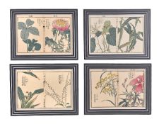 Twelve framed Japanese woodblock printed book pages