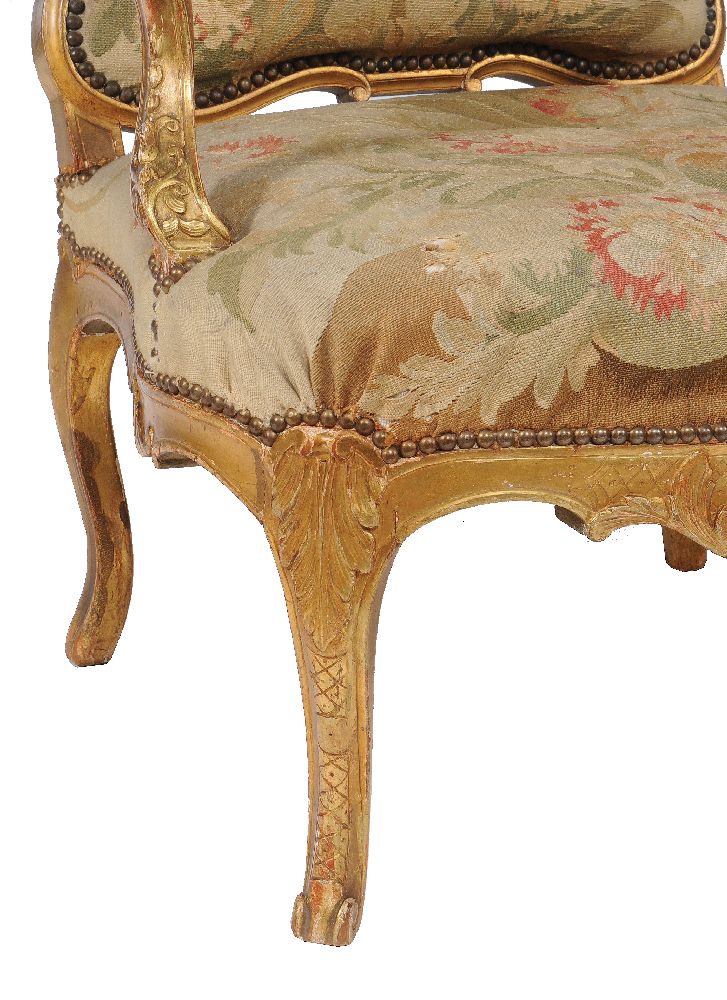 A pair of carved giltwood and tapestry upholstered armchairs - Image 4 of 5