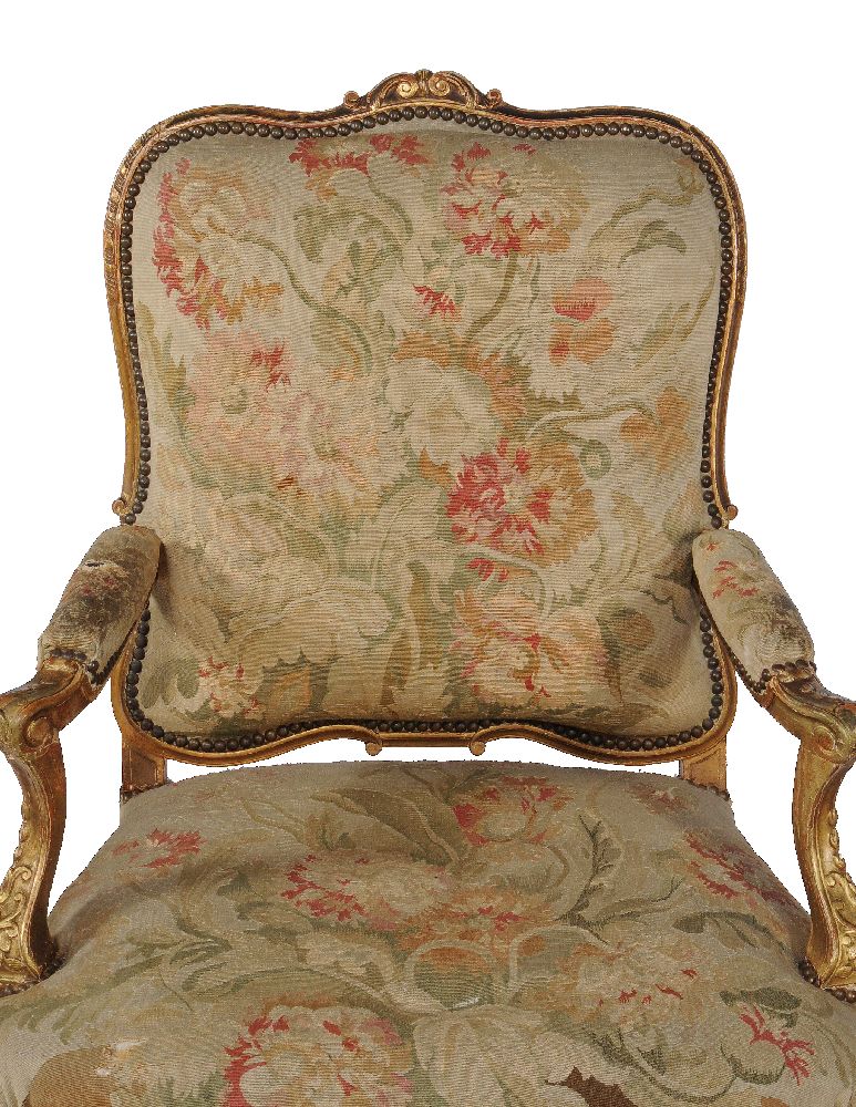 A pair of carved giltwood and tapestry upholstered armchairs - Image 2 of 5