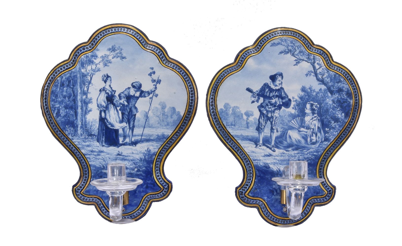 A pair of French fayence and clear-glass blue and white wall sconces