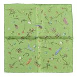Hermès, Fleurs Et Plumes, a green silk pocket square