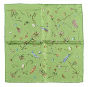 Hermès, Fleurs Et Plumes, a green silk pocket square