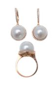 A pair of cultured pearl and diamond earrings