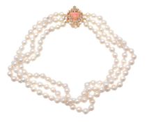 A cultured pearl and coral necklace