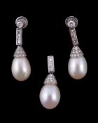 A pair of cultured pearl and diamond earrings and pendant