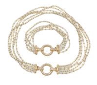 A diamond and cultured pearl necklace and bracelet