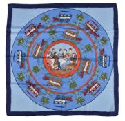 Hermès, Jeu Des Omnibus Et Dames Blanches, a blue silk scarf