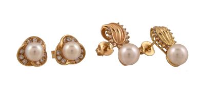 A pair of diamond and cultured pearl ear studs