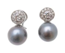 A pair of Tahitian cultured pearl and diamond earrings