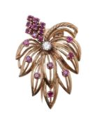A 9 carat gold 1960s ruby and diamond brooch