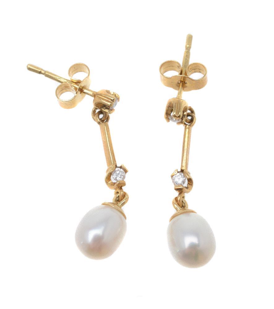 A pair of diamond and freshwater cultured pearl ear pendants