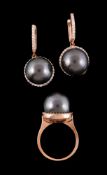 A pair of cultured pearl and diamond earrings and ring