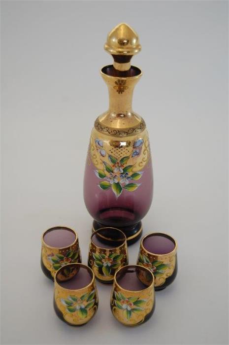 Venetian 'Amber Glass' Liqueur Decanter With Five Matching Liqueur Glasses