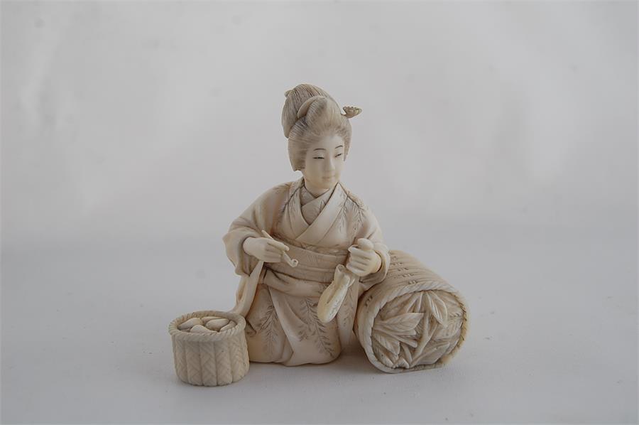 Meiji Period Japanese Ivory Okimono of a seated Geisha, signature to base - Image 3 of 5