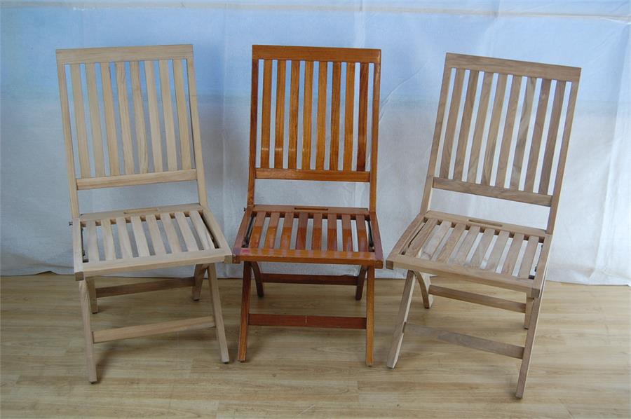 Three Gloster buffed teak folding deck chairs off the super yacht Dona Amelia 'Mamma Mia'