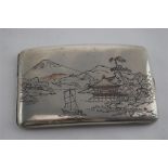 Vintage Oriental Engraved White Metal Cigarette Case depicting Mt Fuji