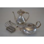 Silver Plated Teapot Together With Silver Plate Coffee Pot and Heart Shaped Toast Rack