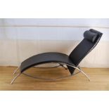 Le Corbusier Inspired Black Faux Leather Chrome Recliner / Lounge Chair