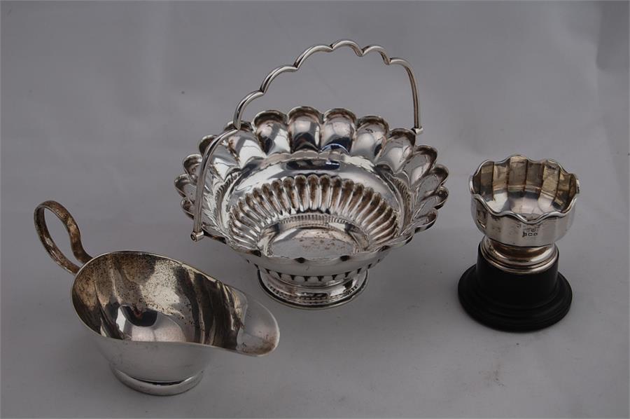 Small Hallmarked Silver Trophy Together With a Silver Plate Dish and Silver Plate Sauce Boat