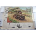A collection of vintage posters including Motoring Print depicting Bentley v The Blue Train