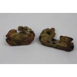 Two Jade / Soapstone 19th C. Oriental Carvings of Monkeys on the backs of Cows