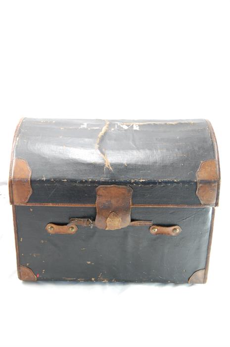 A Late Victorian Leather Bound Army & Navy Co Canvas Covered Wicker Trunk